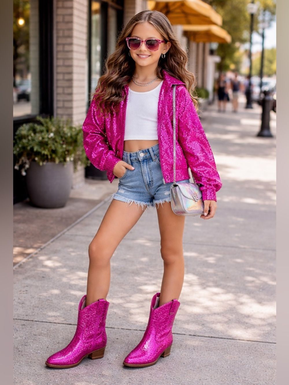 (A7)Link Fuchsia Block Heel Denim Ankle Boots with Rhinestonesfor Big Girls Sz 3